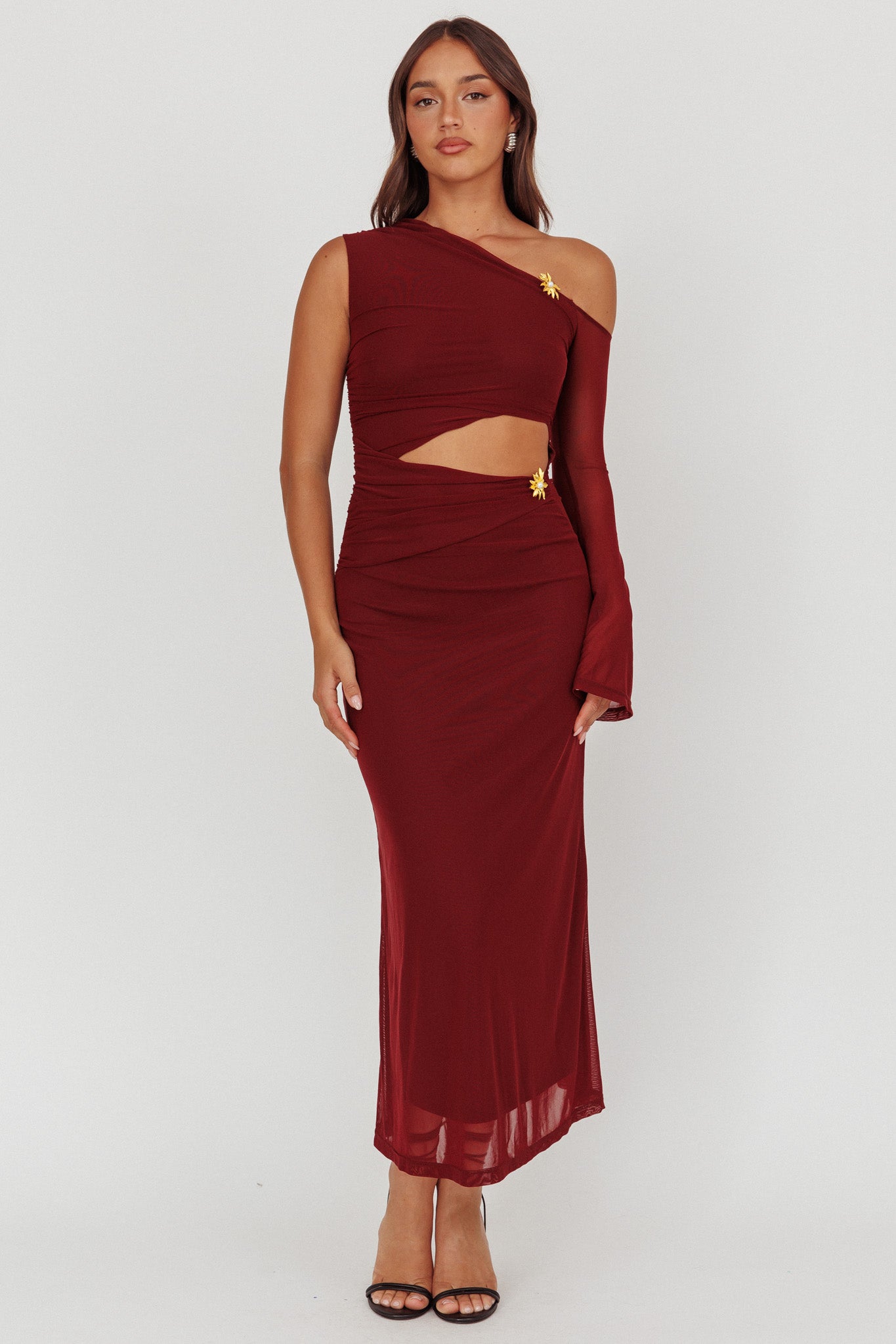 Prima One Shoulder Cut-Out Maxi Dress Wine by Selfie Leslie Australia