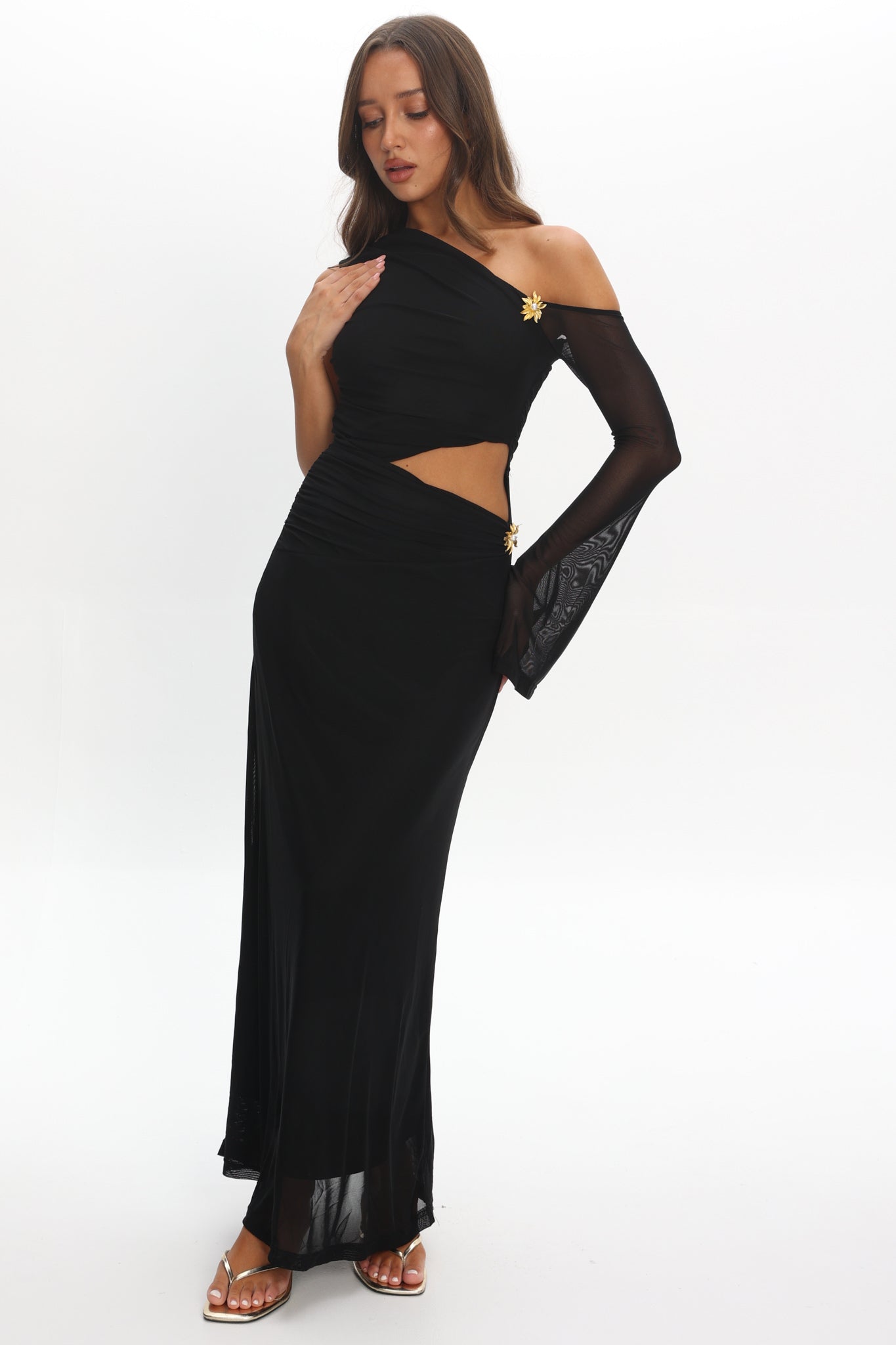 Prima One Shoulder Cut-Out Maxi Dress Black by Selfie Leslie Australia