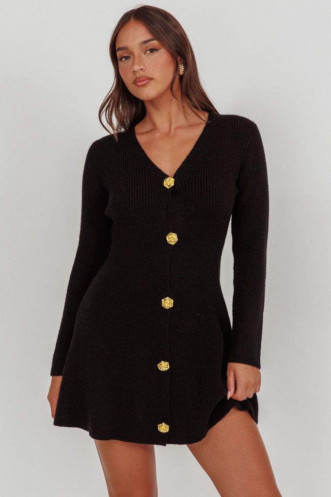 Shop the Irma Gold Button Knit Mini Dress Black