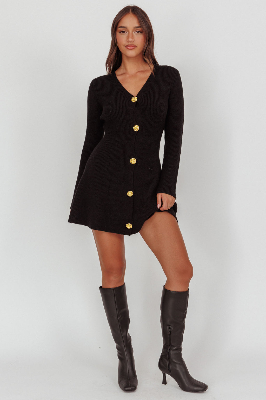Irma Gold Button Knit Mini Dress Black by Selfie Leslie Australia