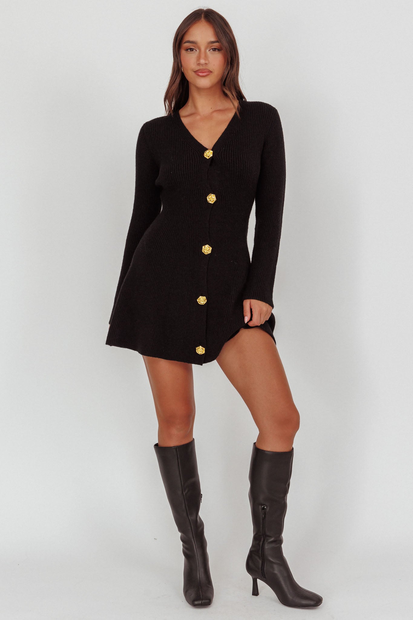 Irma Gold Button Knit Mini Dress Black by Selfie Leslie Australia