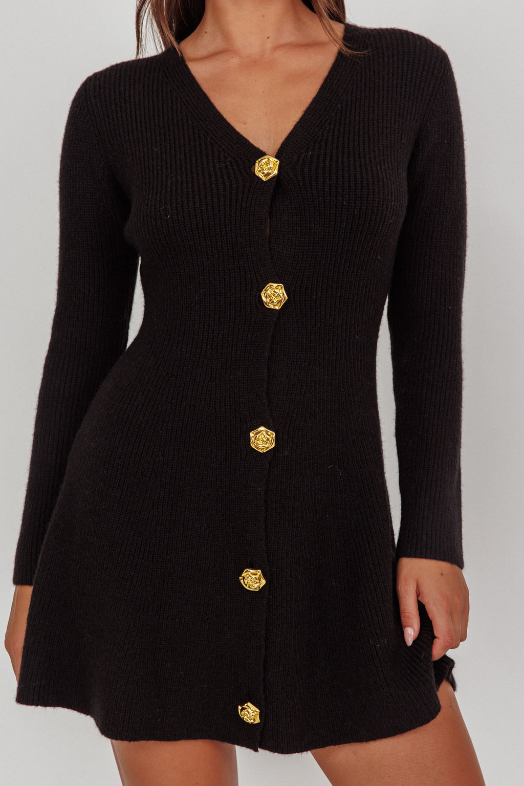 Irma Gold Button Knit Mini Dress Black by Selfie Leslie Australia