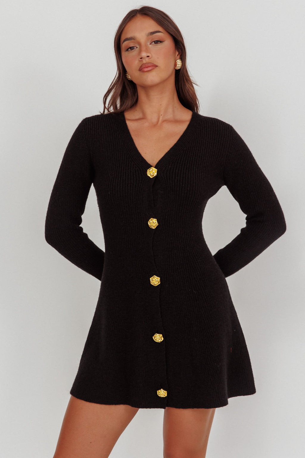 Irma Gold Button Knit Mini Dress Black by Selfie Leslie Australia