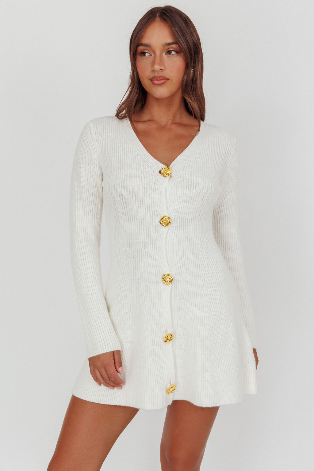 Irma Gold Button Knit Mini Dress White by Selfie Leslie Australia