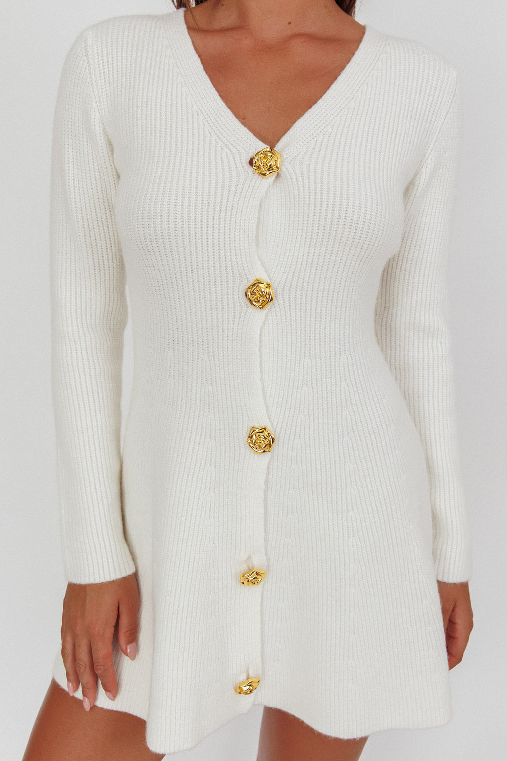Irma Gold Button Knit Mini Dress White by Selfie Leslie Australia