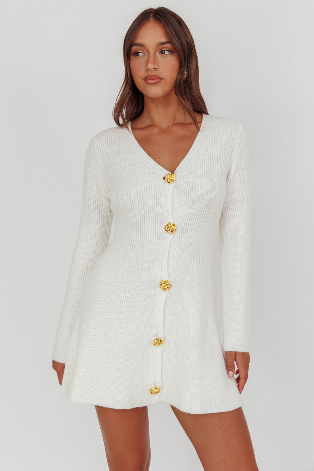 Irma Gold Button Knit Mini Dress White by Selfie Leslie Australia