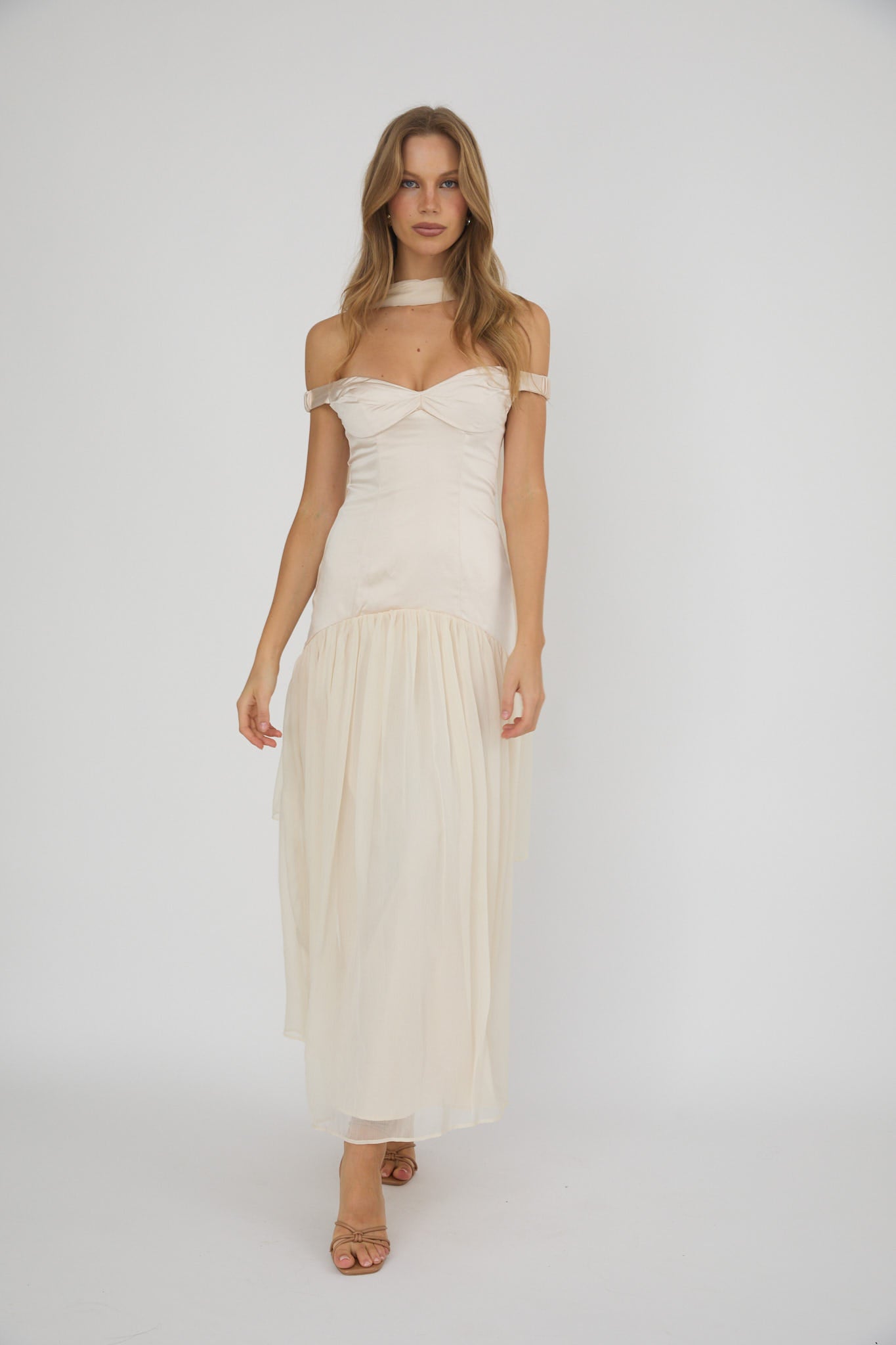 Kaycee Drop Waist Maxi Dress Champagne by Selfie Leslie Australia