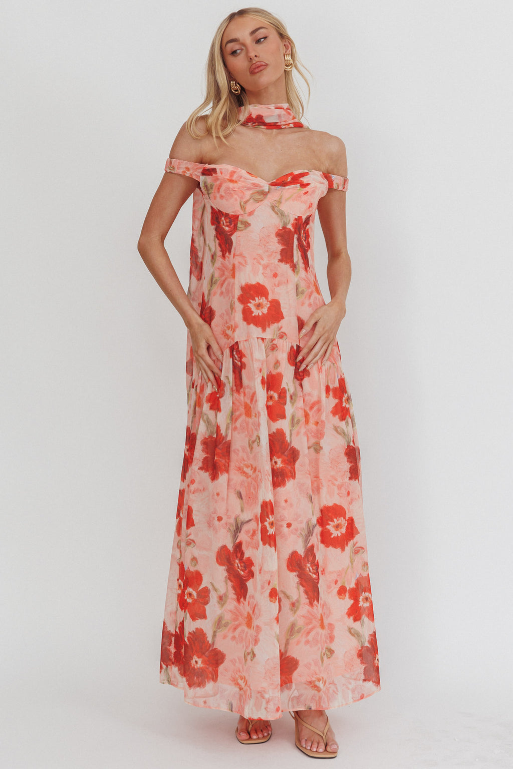 Kaycee Drop Waist Maxi Dress Floral Red by Selfie Leslie Australia