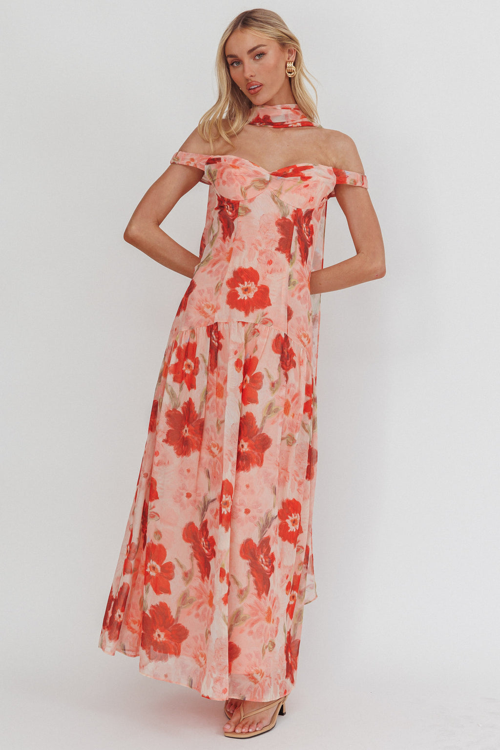 Kaycee Drop Waist Maxi Dress Floral Red by Selfie Leslie Australia