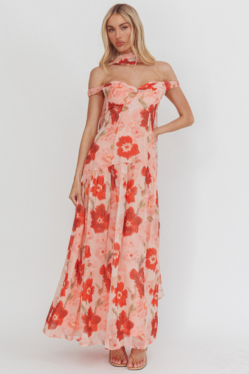 Kaycee Drop Waist Maxi Dress Floral Red by Selfie Leslie Australia