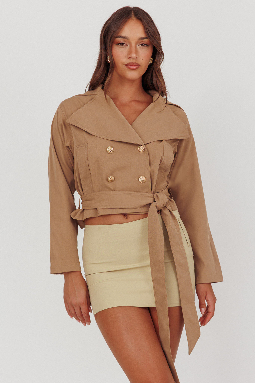 Envision Crop Waist Tie Jacket Tan by Selfie Leslie Australia
