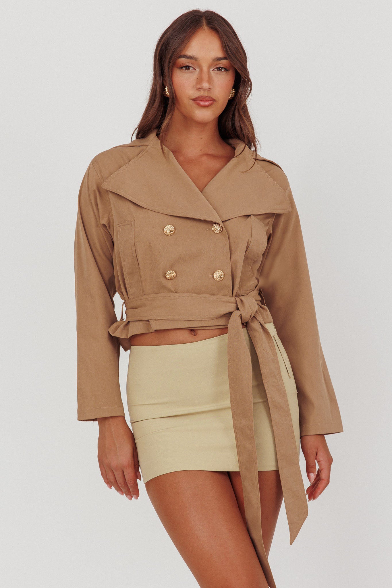 Envision Crop Waist Tie Jacket Tan by Selfie Leslie Australia