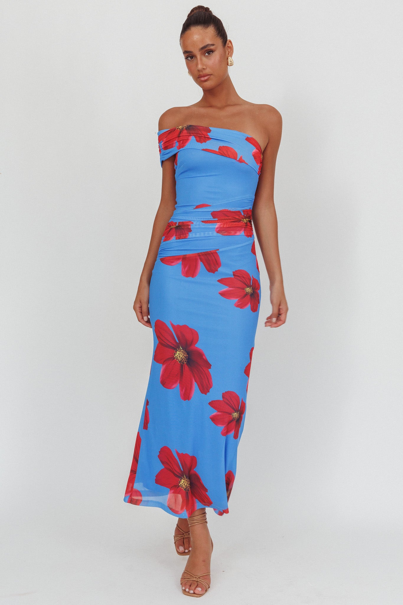 Gala One-Shoulder Maxi Dress Floral Blue by Selfie Leslie Australia