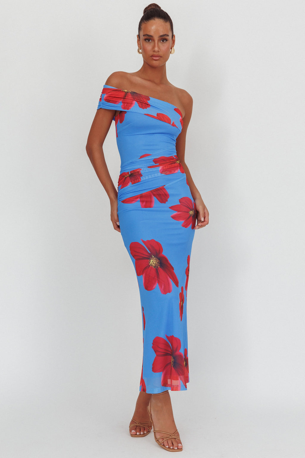 Gala One-Shoulder Maxi Dress Floral Blue by Selfie Leslie Australia