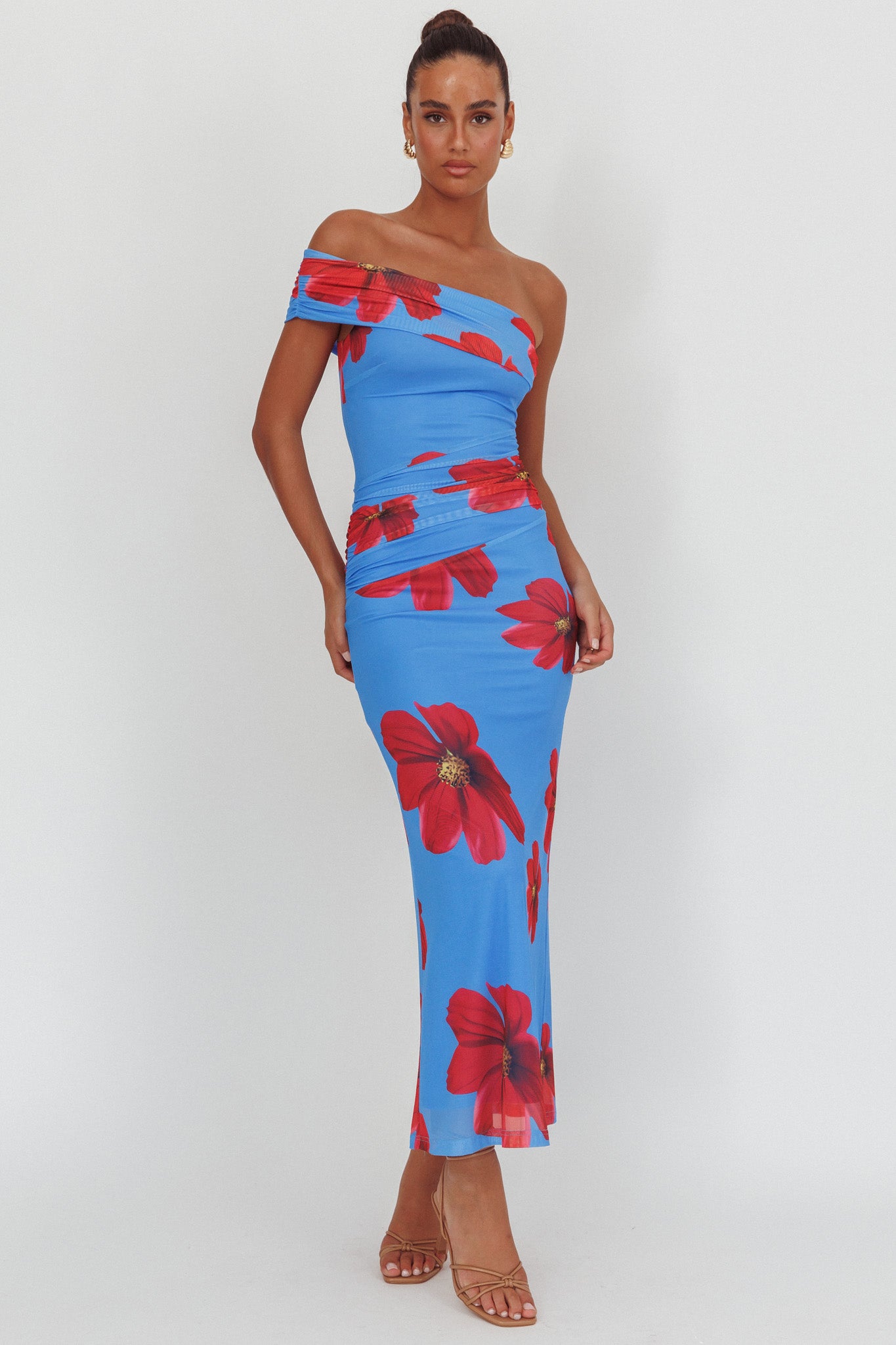 Gala One-Shoulder Maxi Dress Floral Blue by Selfie Leslie Australia