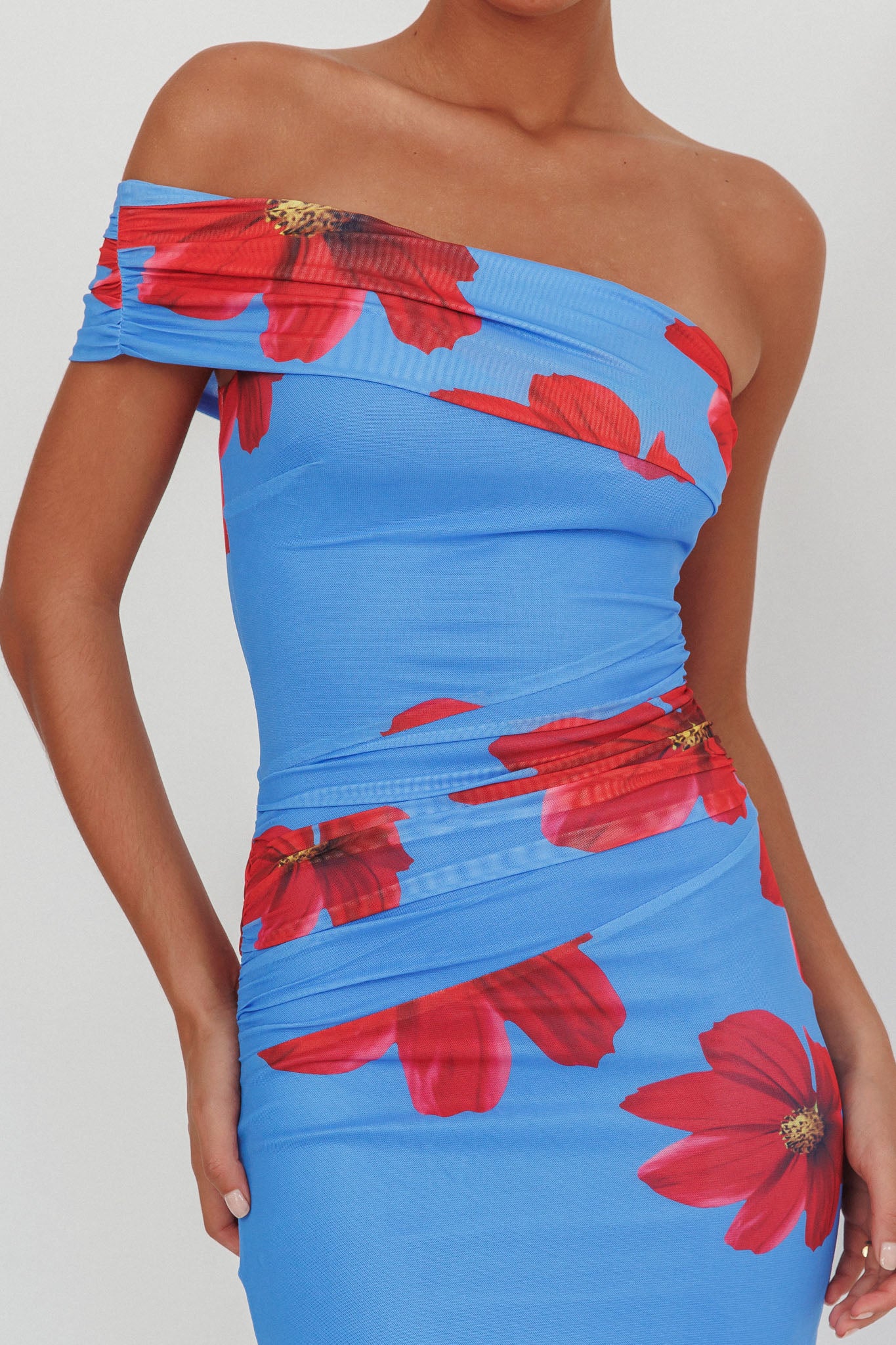 Gala One-Shoulder Maxi Dress Floral Blue by Selfie Leslie Australia