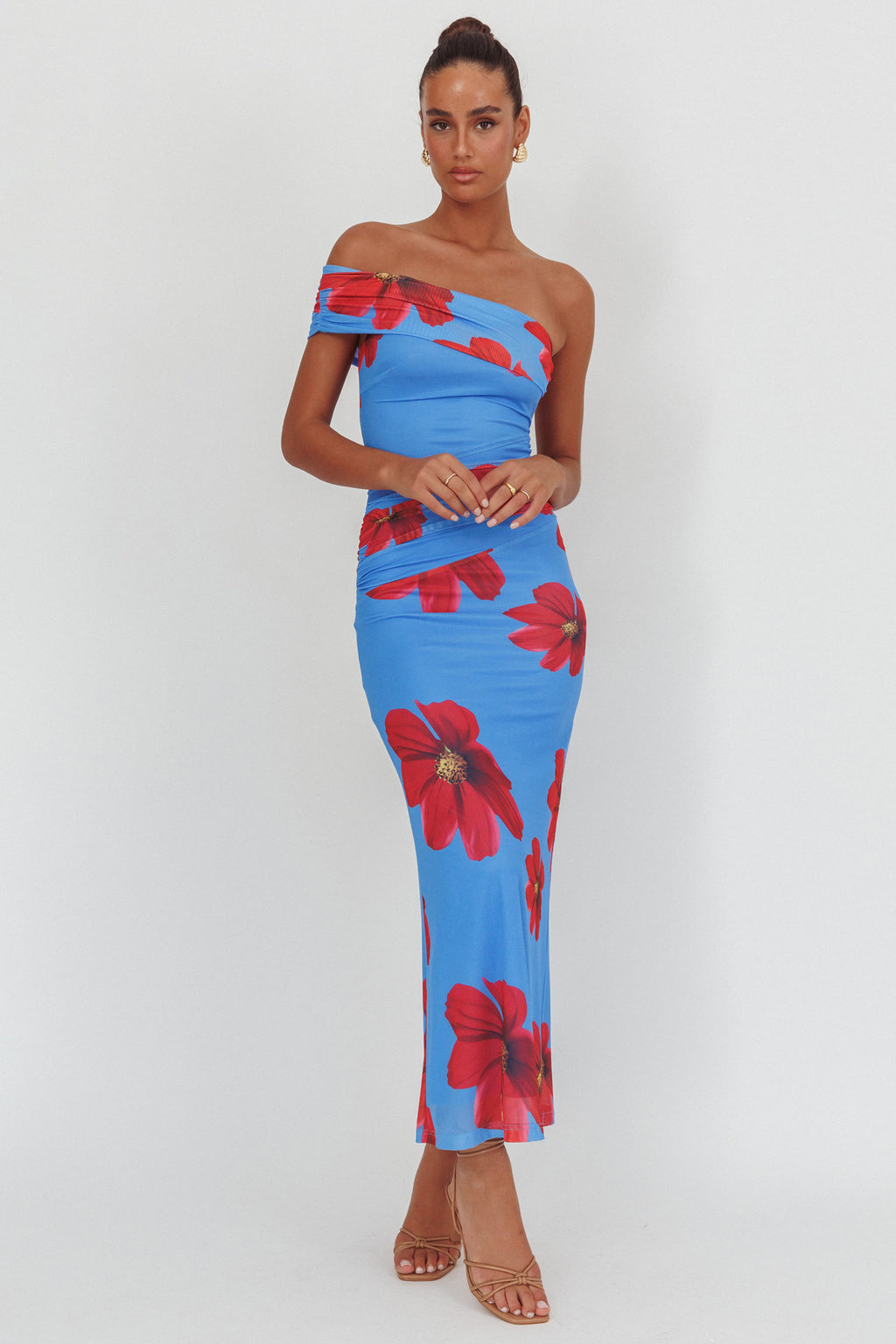 Gala One-Shoulder Maxi Dress Floral Blue by Selfie Leslie Australia