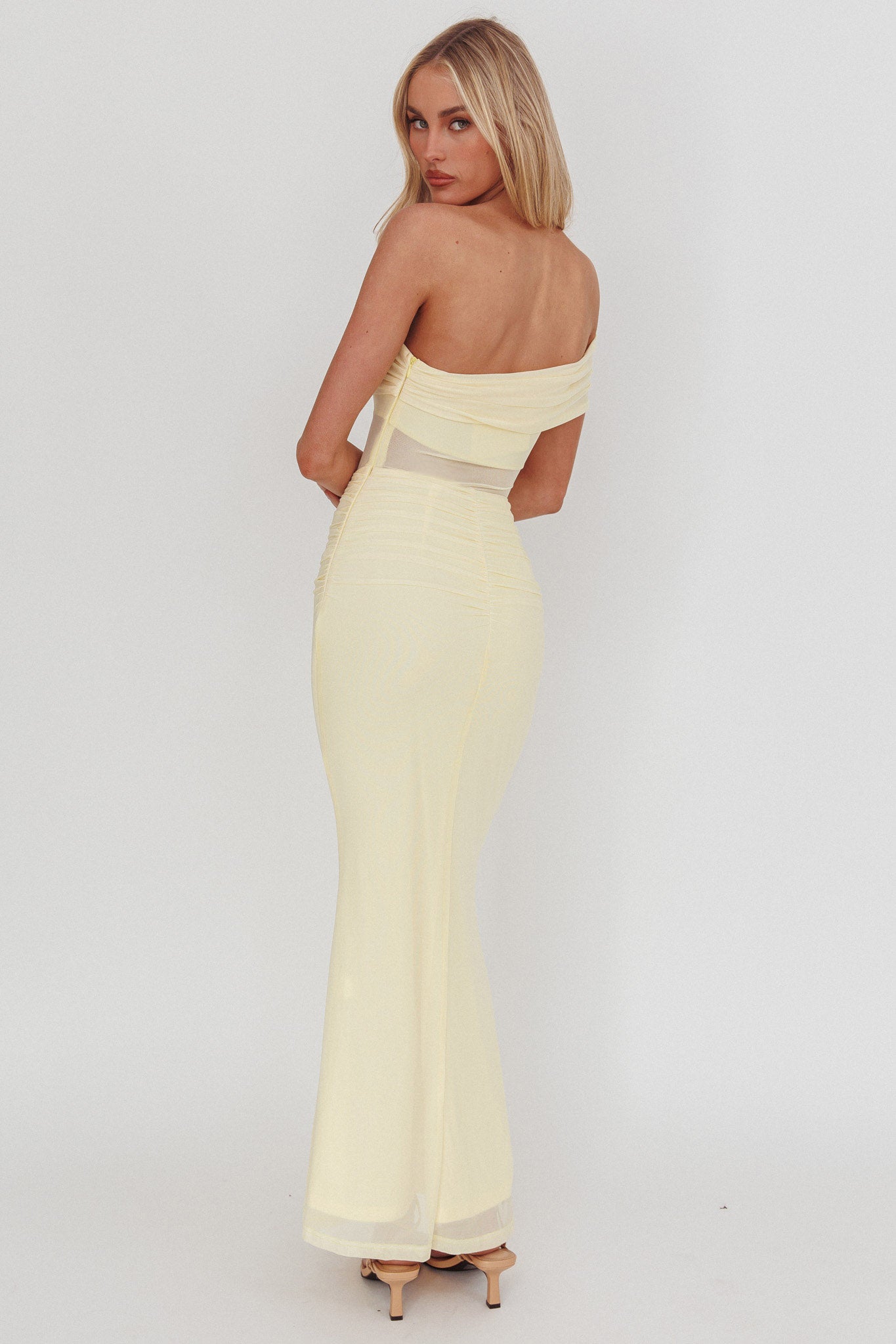 Gala One-Shoulder Sheer Waist Maxi Dress Yellow by Selfie Leslie Australia