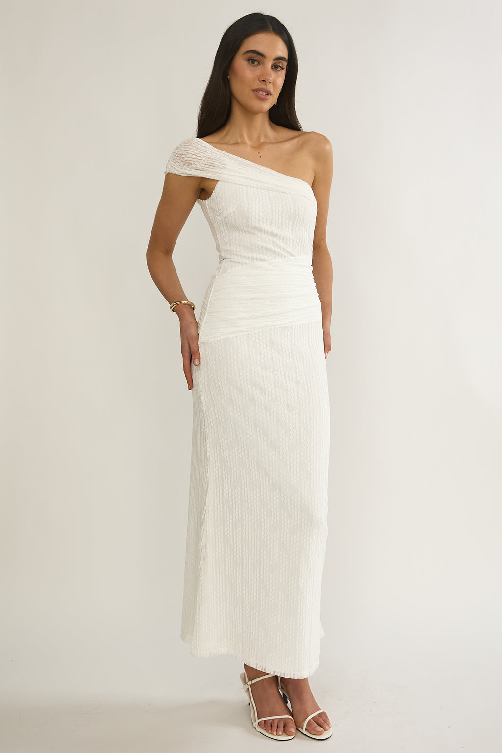 Gala One-Shoulder Textured Maxi Dress White by Selfie Leslie Australia