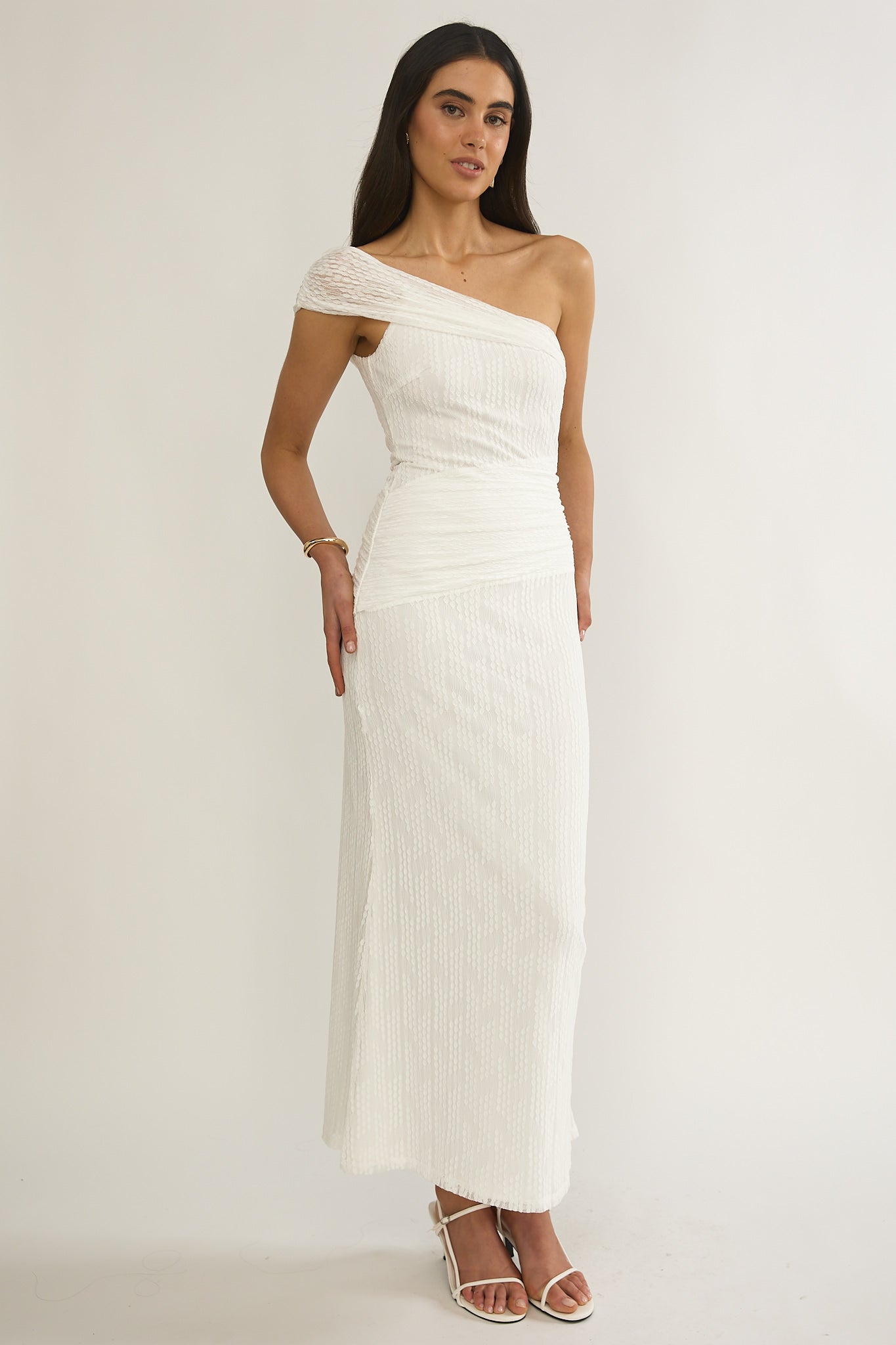 Gala One-Shoulder Textured Maxi Dress White by Selfie Leslie Australia