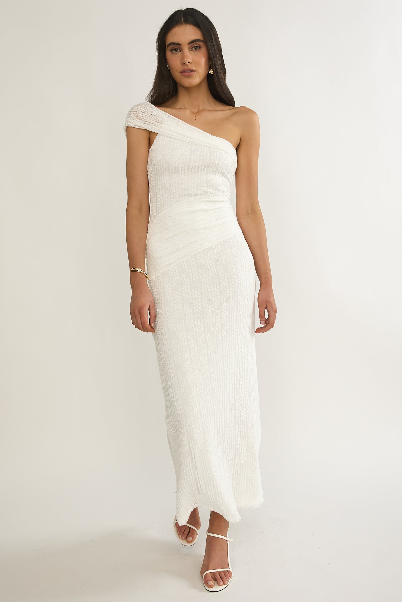 Gala One-Shoulder Textured Maxi Dress White by Selfie Leslie Australia