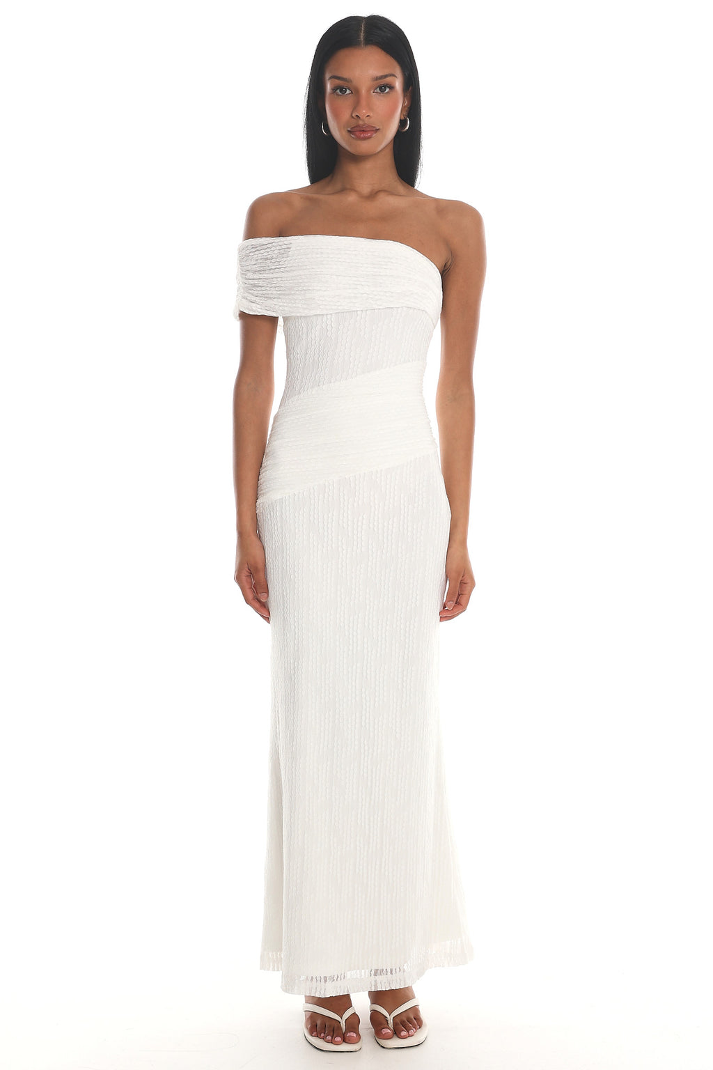 Gala One-Shoulder Textured Maxi Dress White by Selfie Leslie Australia