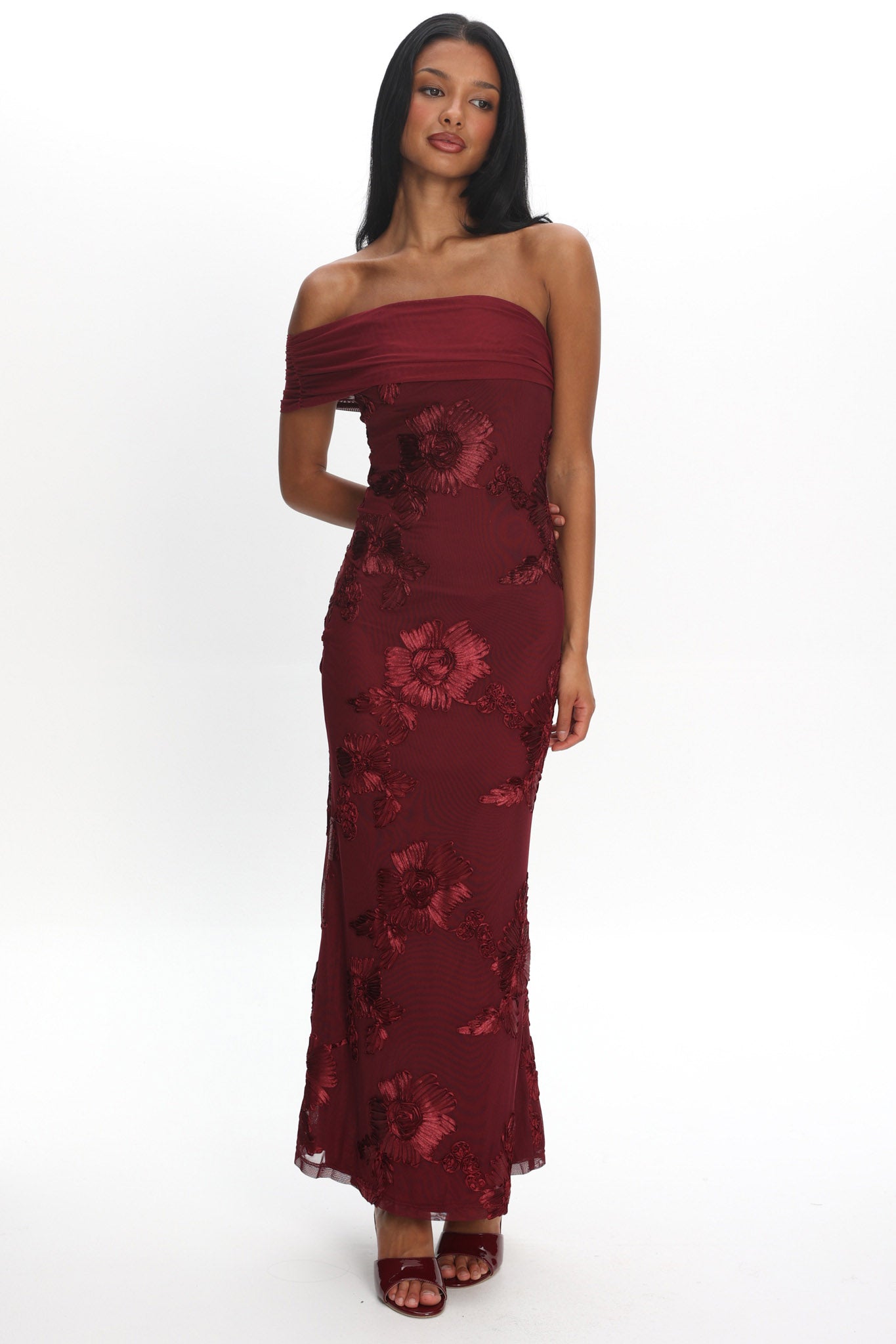 Gala One-Shoulder Maxi Dress Embellished Wine by Selfie Leslie Australia