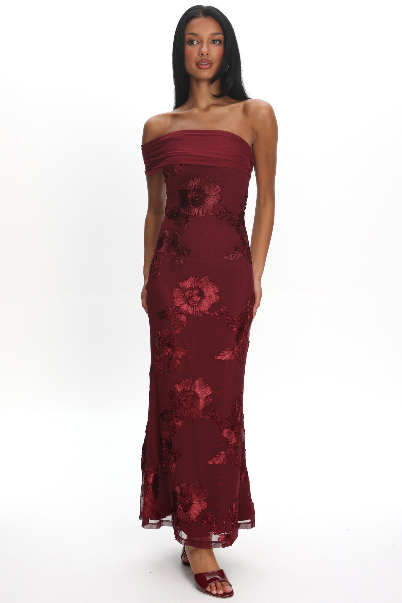 Gala One-Shoulder Maxi Dress Embellished Wine by Selfie Leslie Australia