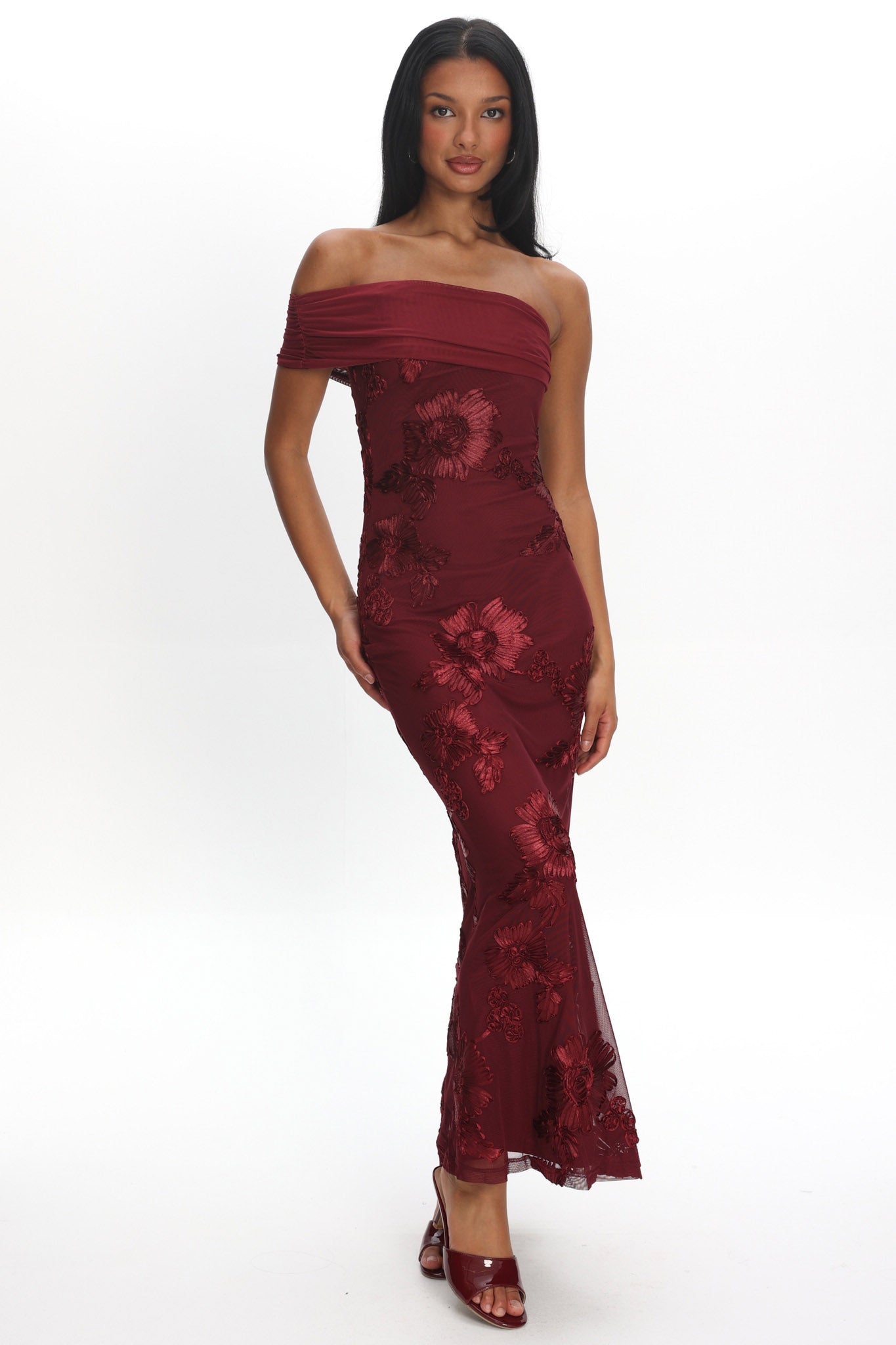 Gala One-Shoulder Maxi Dress Embellished Wine by Selfie Leslie Australia