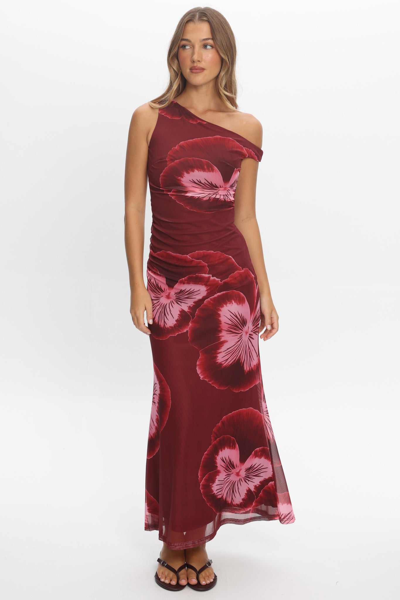 Gala Asymmetric Neckline Maxi Dress Floral Wine by Selfie Leslie Australia