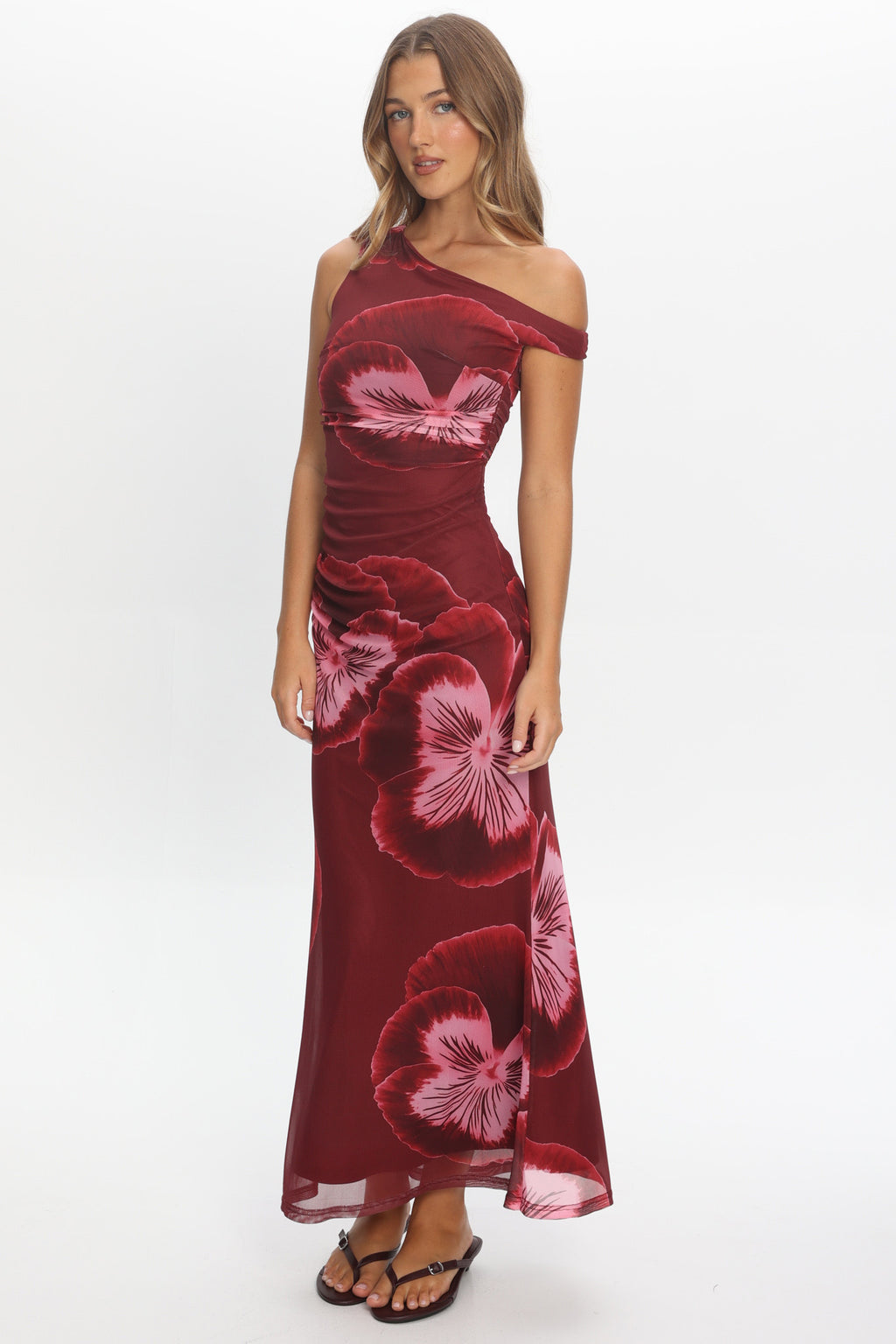 Gala Asymmetric Neckline Maxi Dress Floral Wine by Selfie Leslie Australia