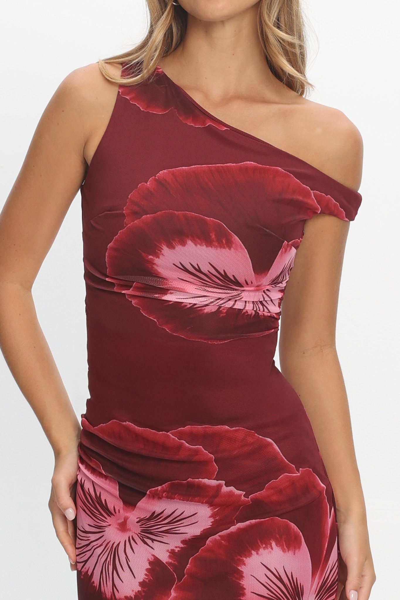 Gala Asymmetric Neckline Maxi Dress Floral Wine by Selfie Leslie Australia