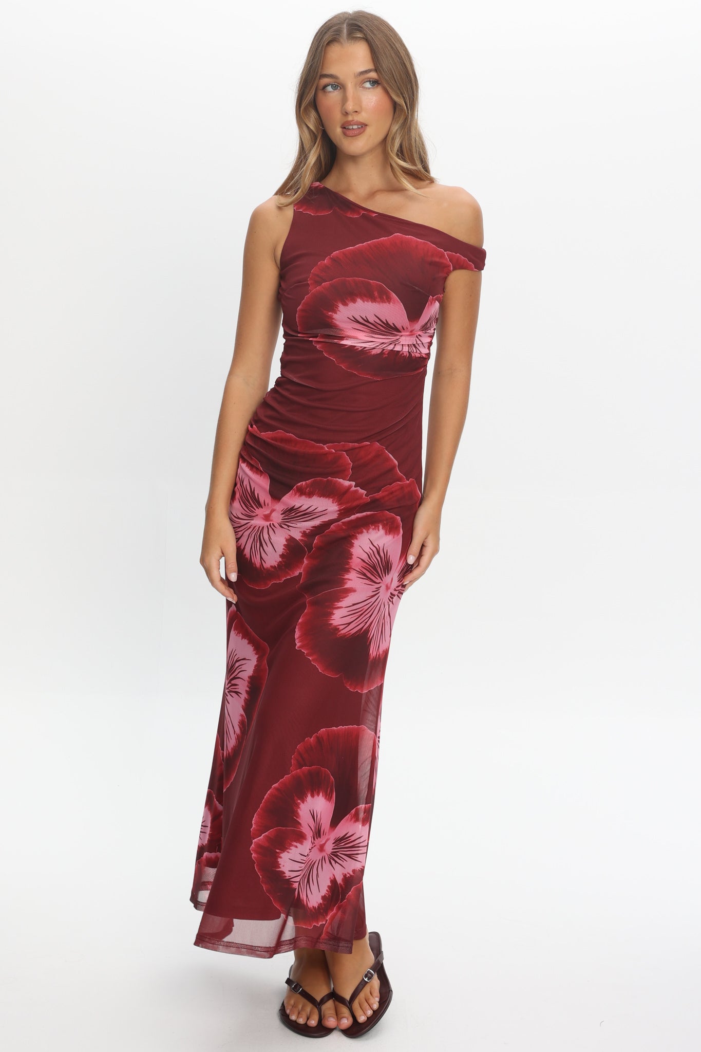Gala Asymmetric Neckline Maxi Dress Floral Wine by Selfie Leslie Australia