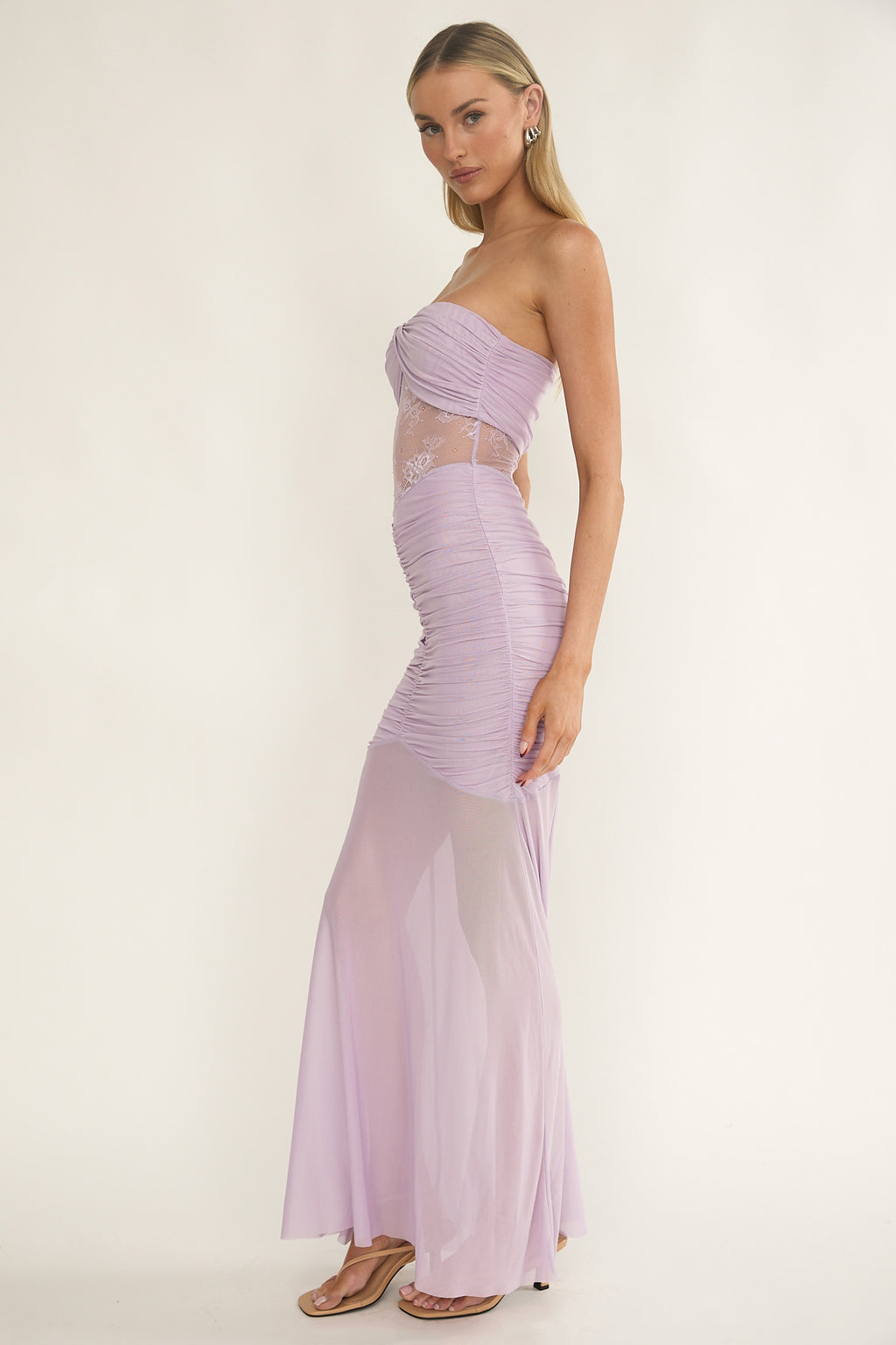 Sade Strapless Sheer Panel Ruched Maxi Dress Lilac by Selfie Leslie Australia