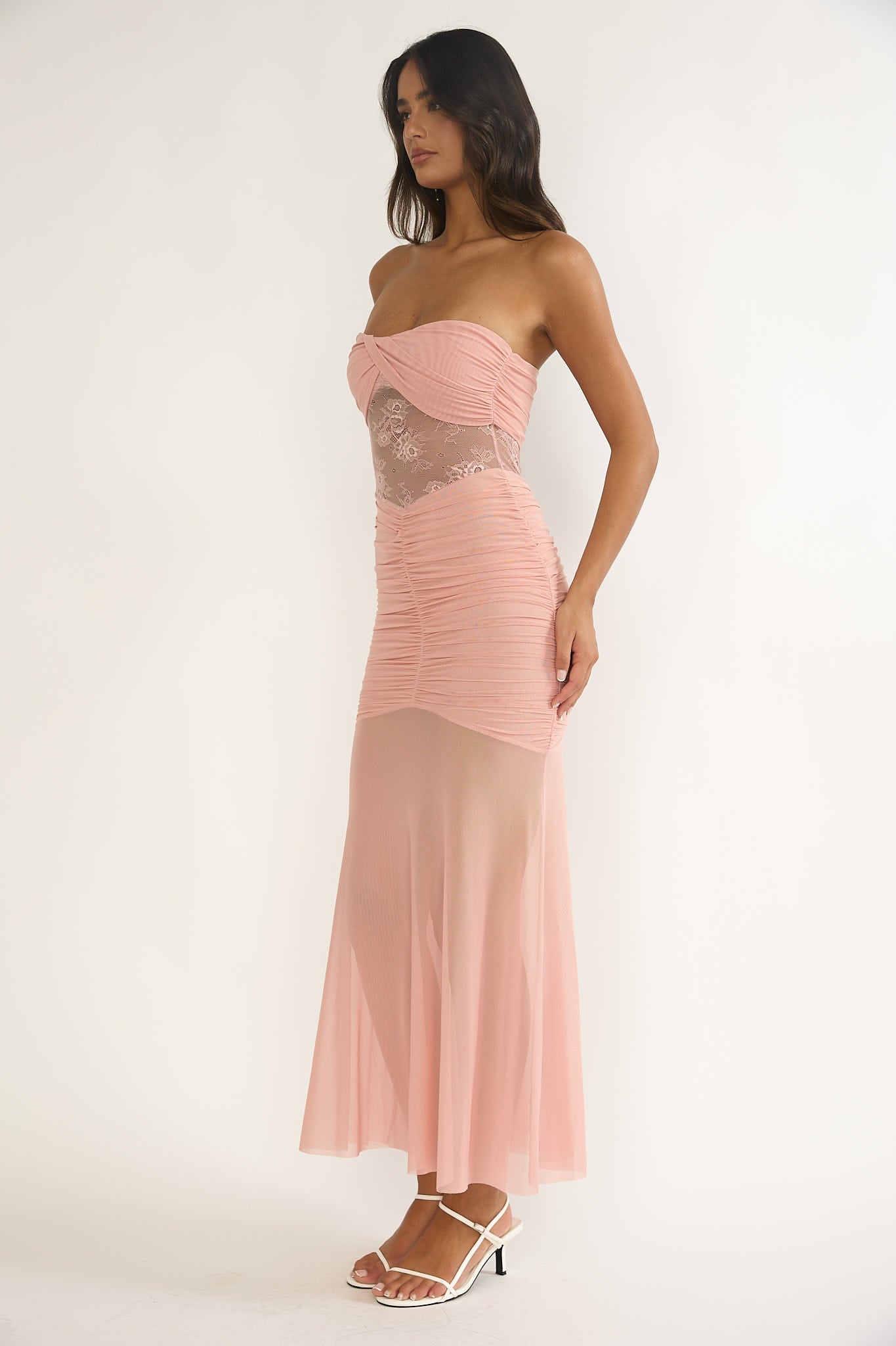 Sade Strapless Sheer Panel Ruched Maxi Dress Blush by Selfie Leslie Australia