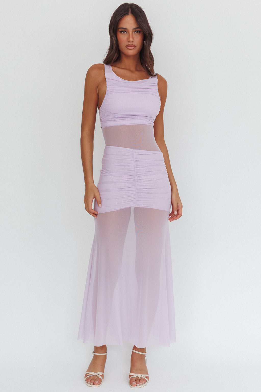 Sade Sheer Panel Ruched Maxi Dress Lilac by Selfie Leslie Australia