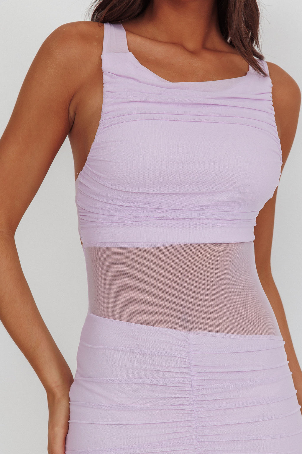 Sade Sheer Panel Ruched Maxi Dress Lilac by Selfie Leslie Australia