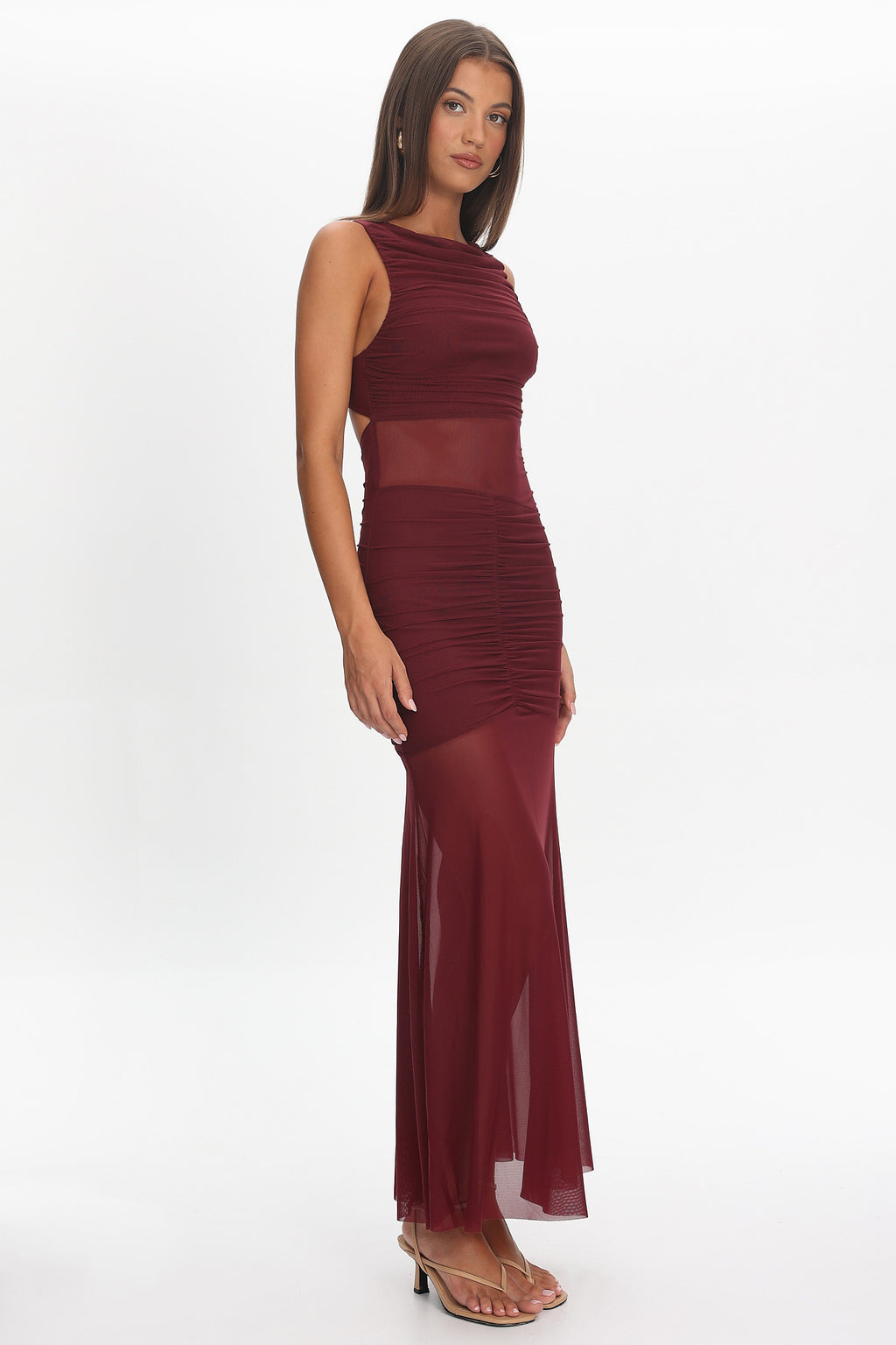 Sade Sheer Panel Ruched Maxi Dress Wine by Selfie Leslie Australia