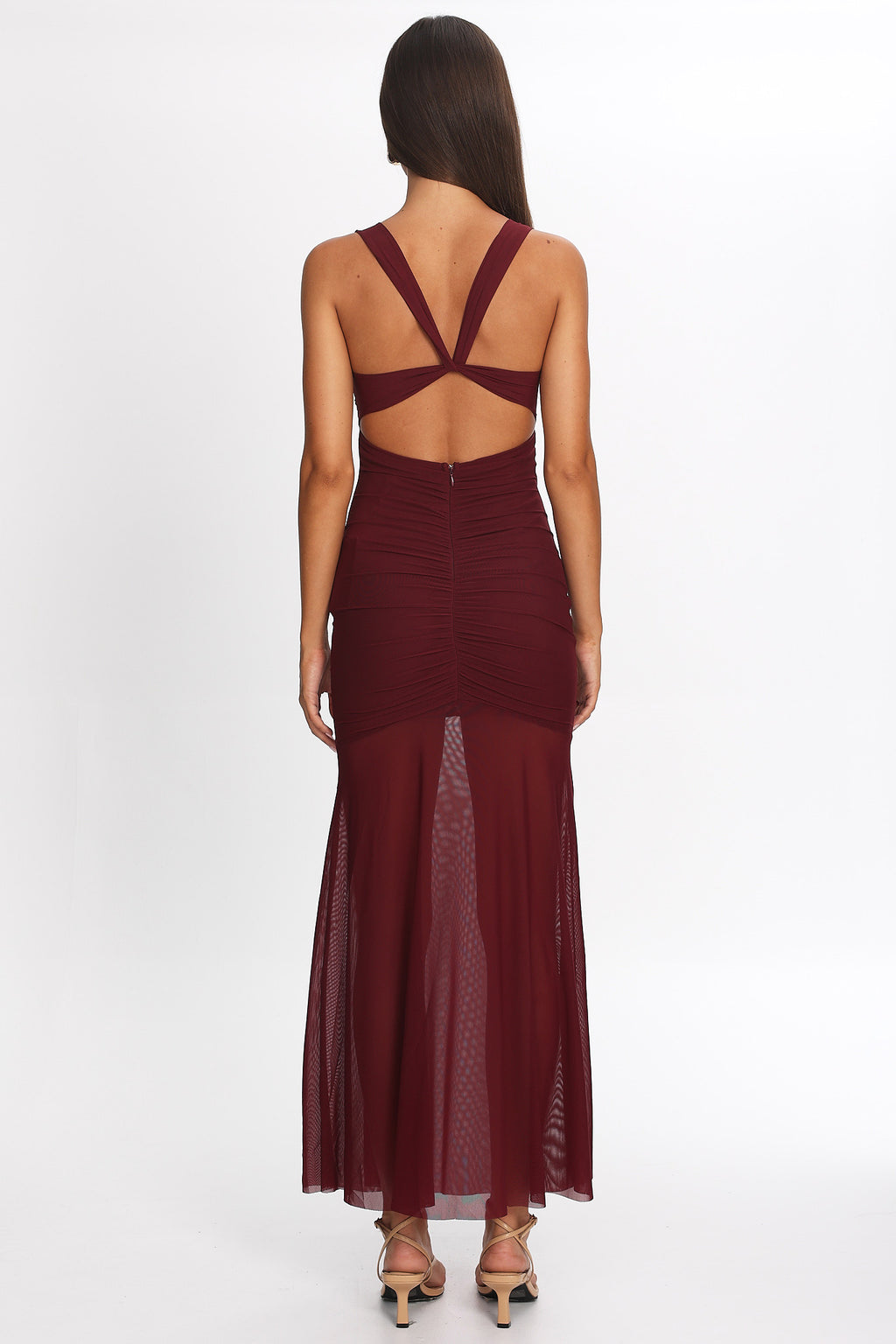 Sade Sheer Panel Ruched Maxi Dress Wine by Selfie Leslie Australia