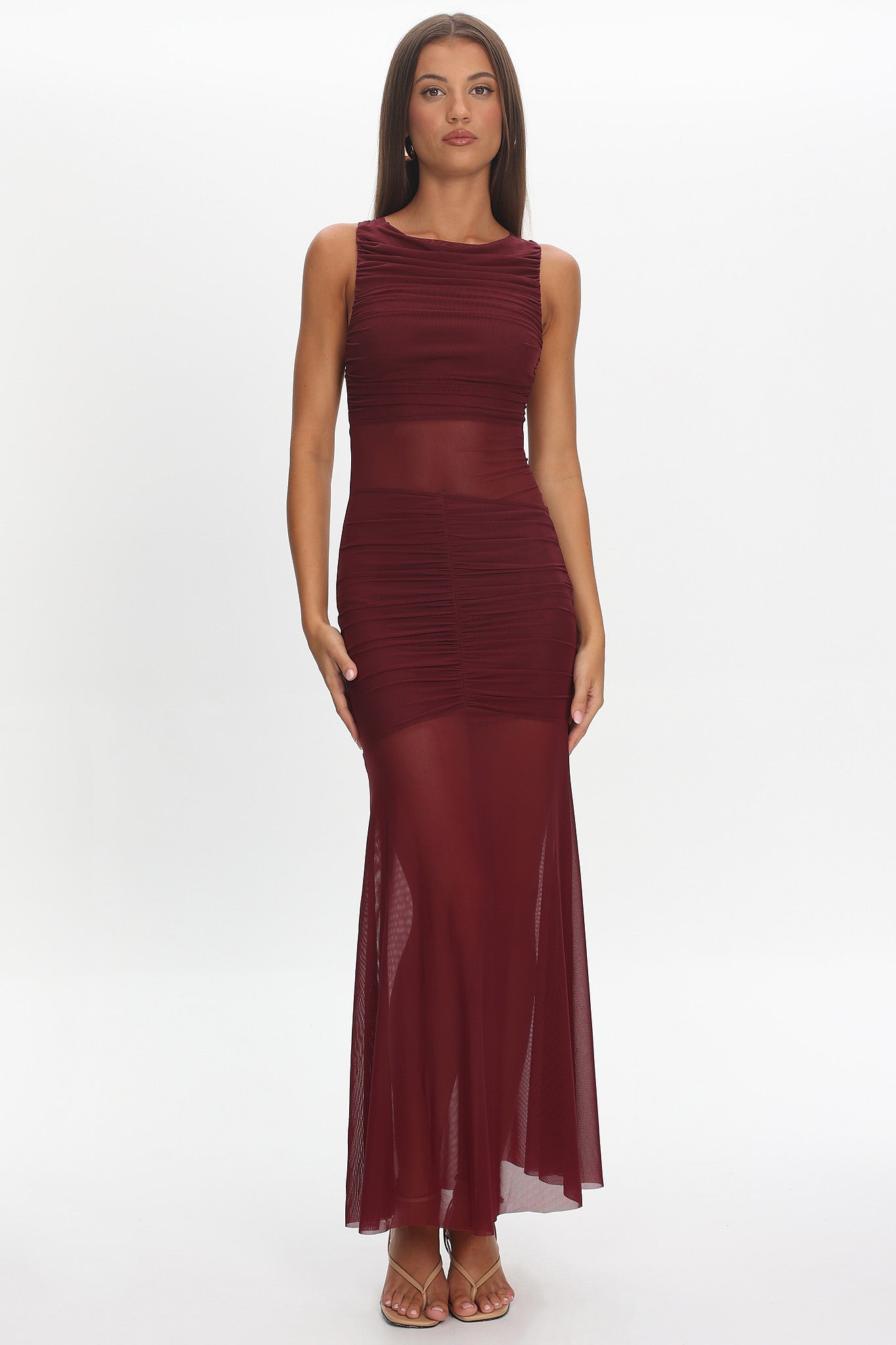 Sade Sheer Panel Ruched Maxi Dress Wine by Selfie Leslie Australia