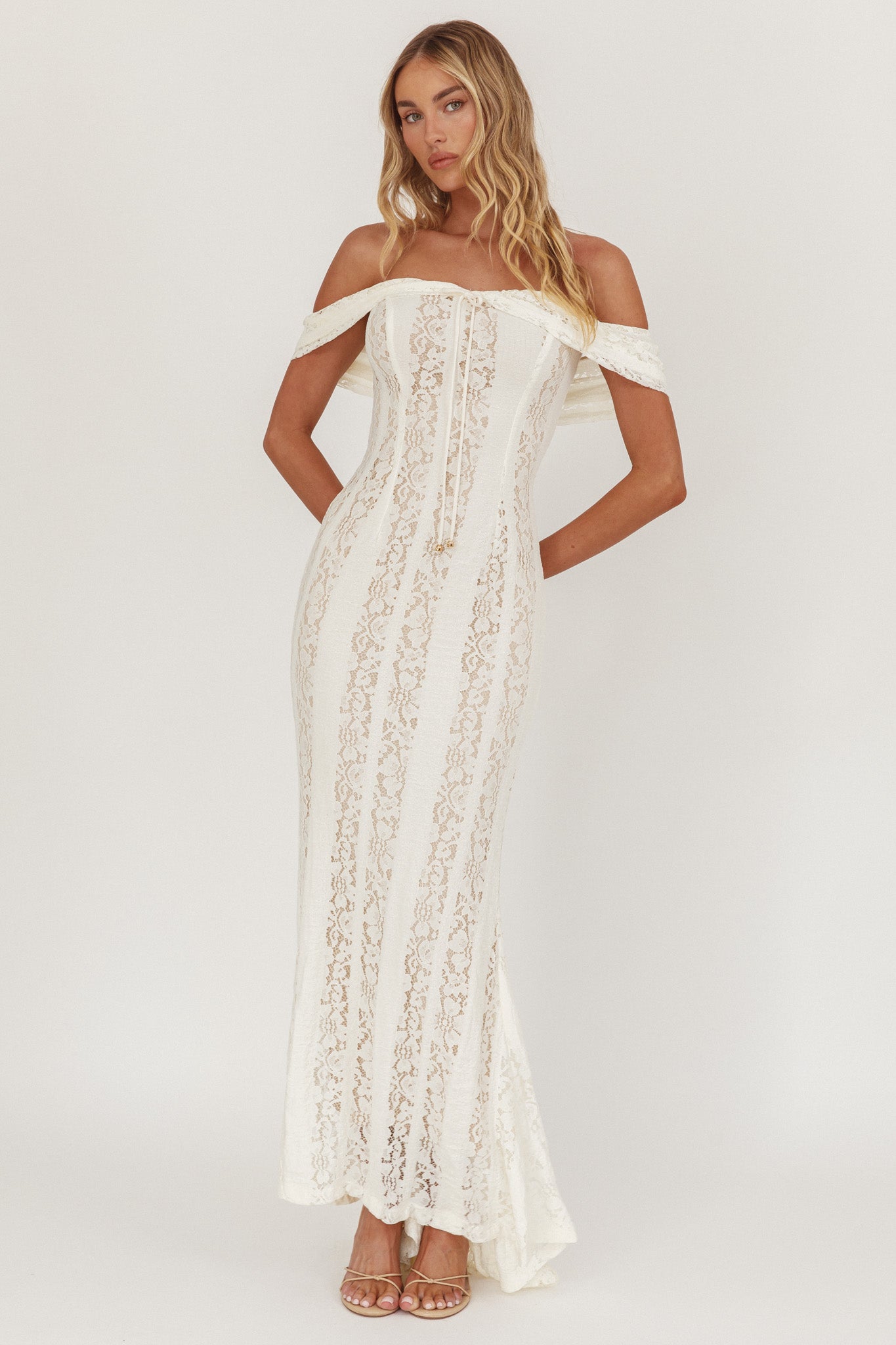 Enigma Off-Shoulder Maxi Dress Lace Cream by Selfie Leslie Australia