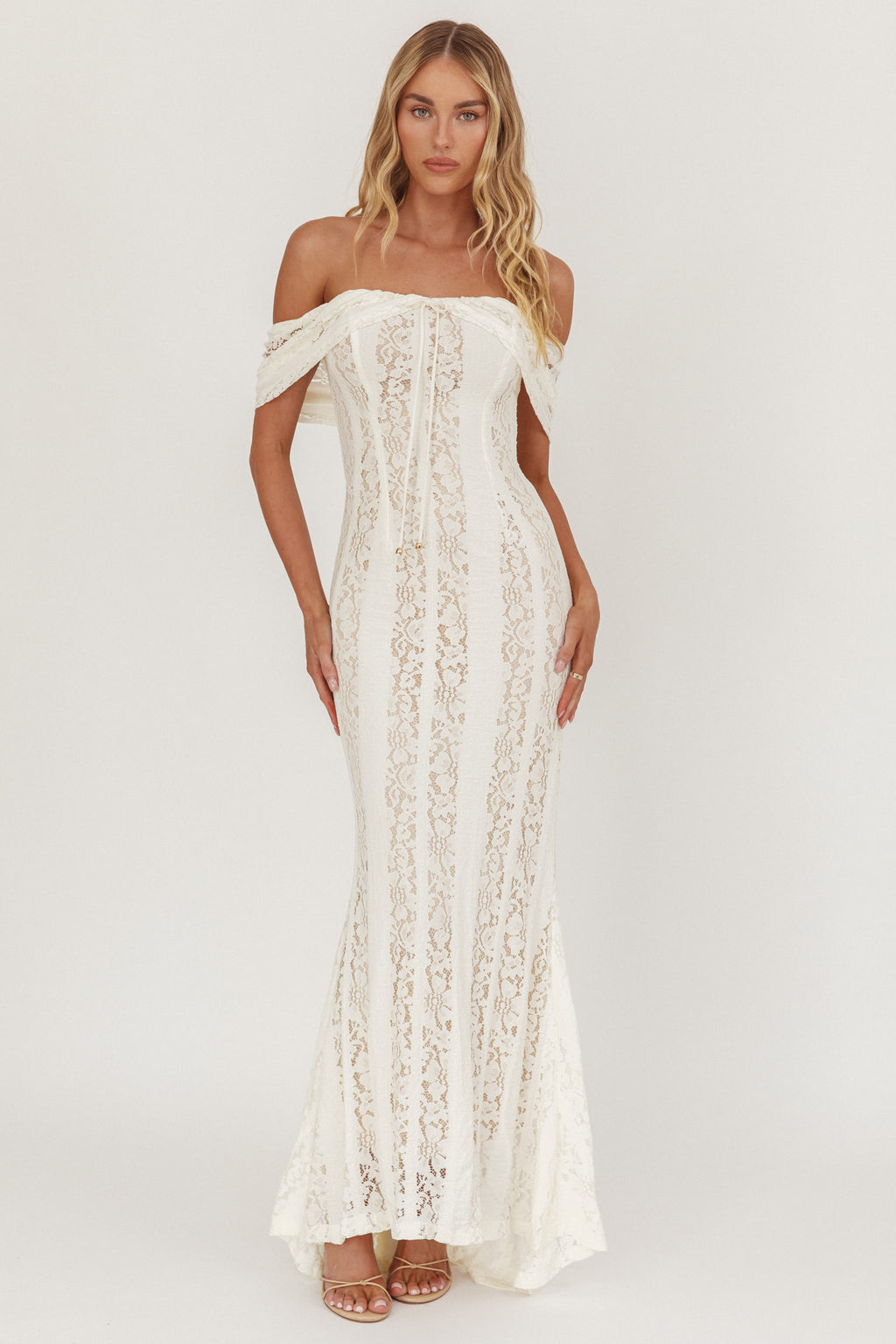 Enigma Off-Shoulder Maxi Dress Lace Cream by Selfie Leslie Australia