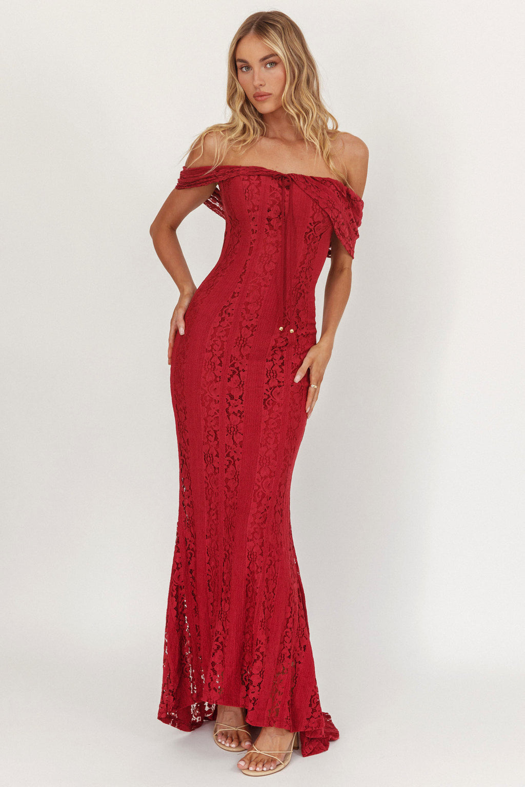 Enigma Off-Shoulder Maxi Dress Lace Wine by Selfie Leslie Australia