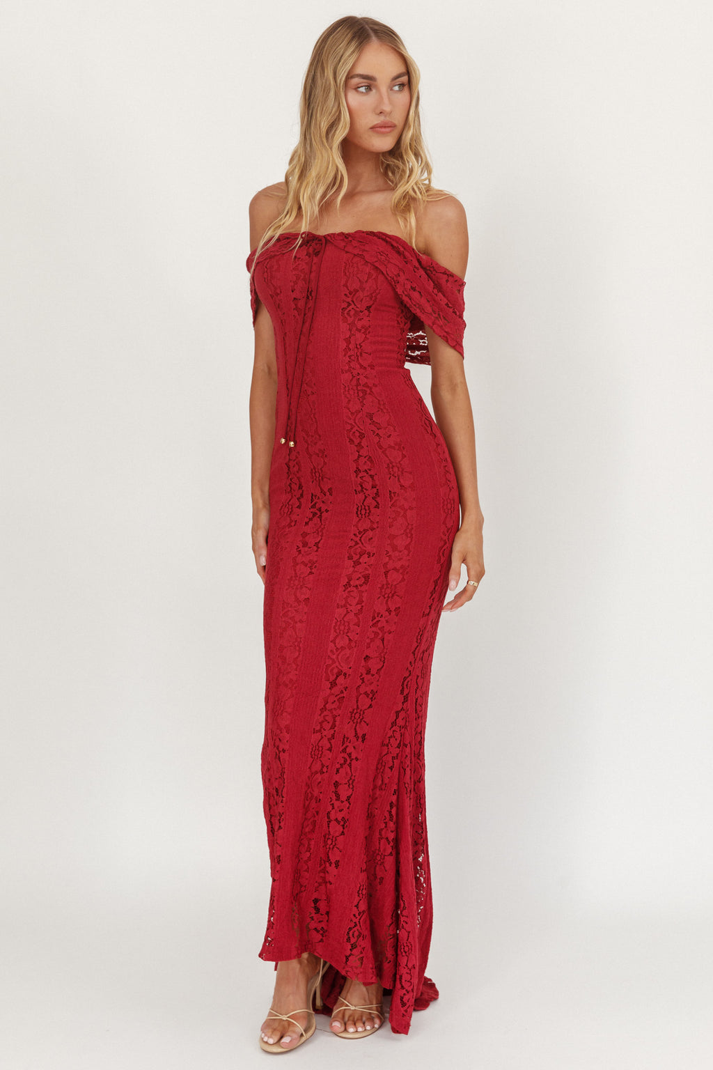 Enigma Off-Shoulder Maxi Dress Lace Wine by Selfie Leslie Australia