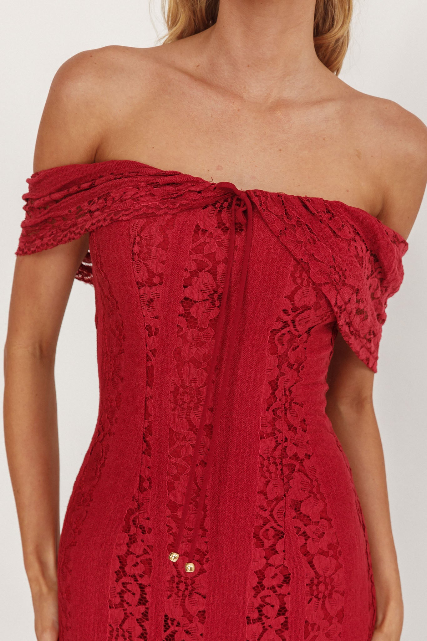 Enigma Off-Shoulder Maxi Dress Lace Wine by Selfie Leslie Australia