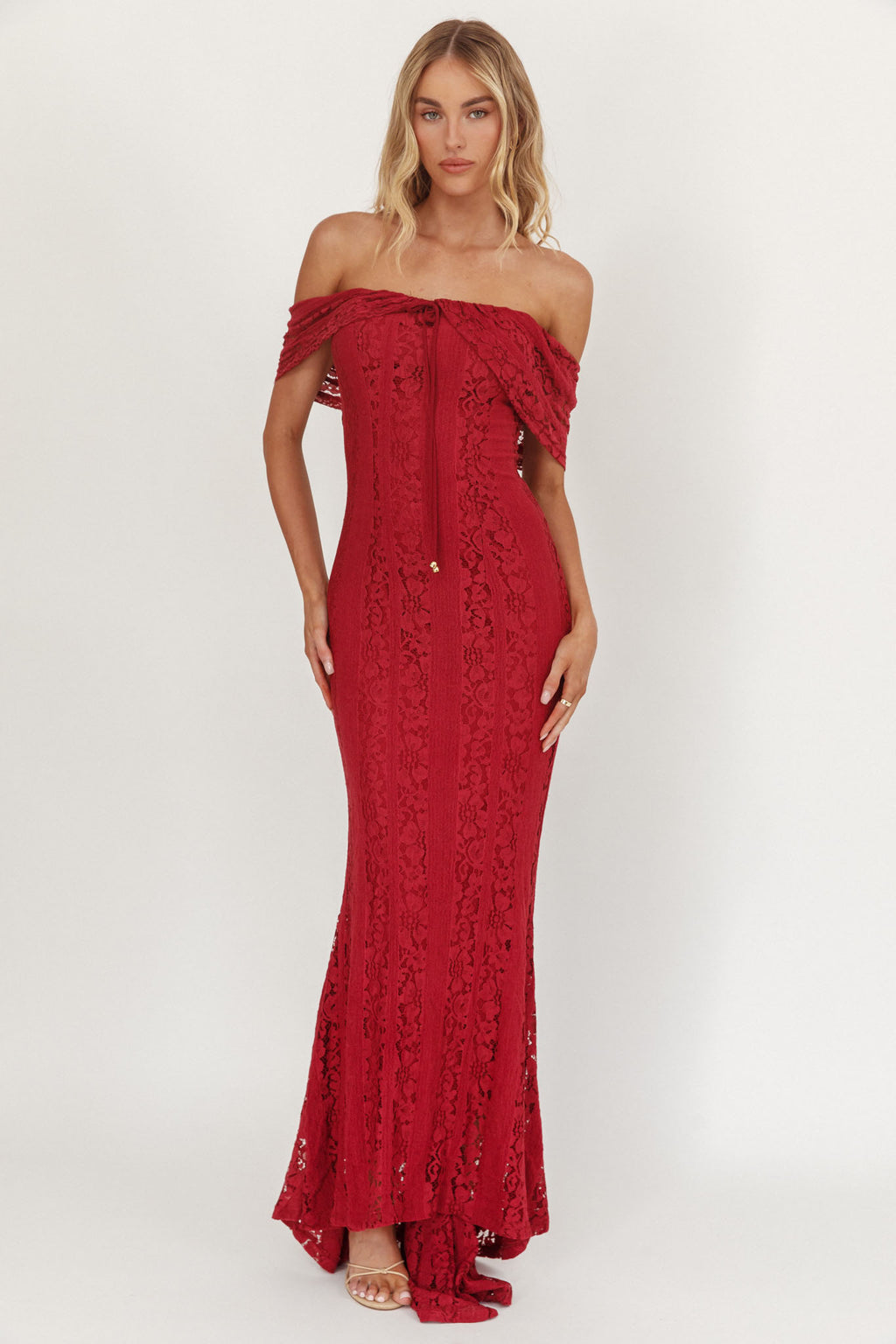 Enigma Off-Shoulder Maxi Dress Lace Wine by Selfie Leslie Australia
