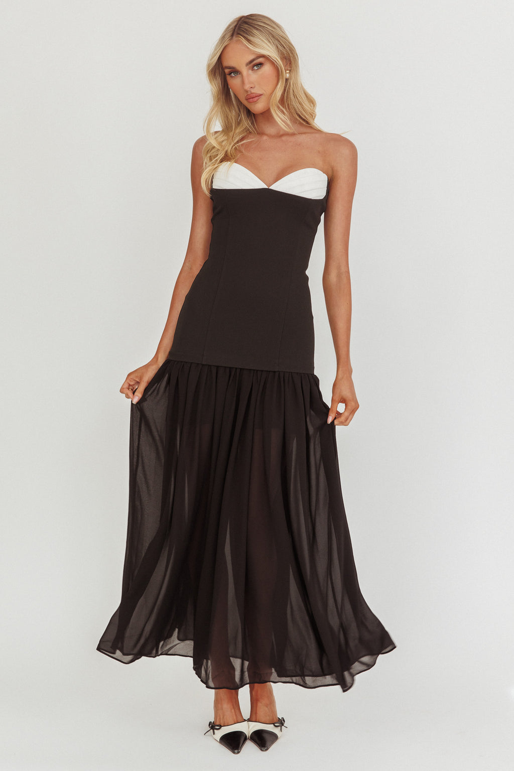 Unspoken Sweetheart Neckline Sheer Hem Maxi Dress Black by Selfie Leslie Australia
