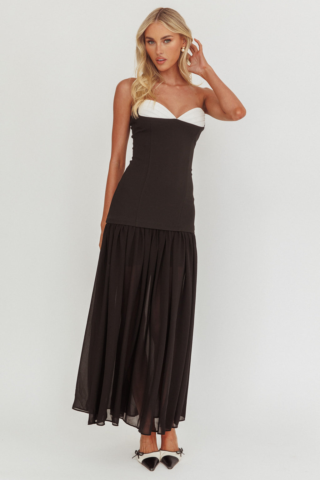 Unspoken Sweetheart Neckline Sheer Hem Maxi Dress Black by Selfie Leslie Australia