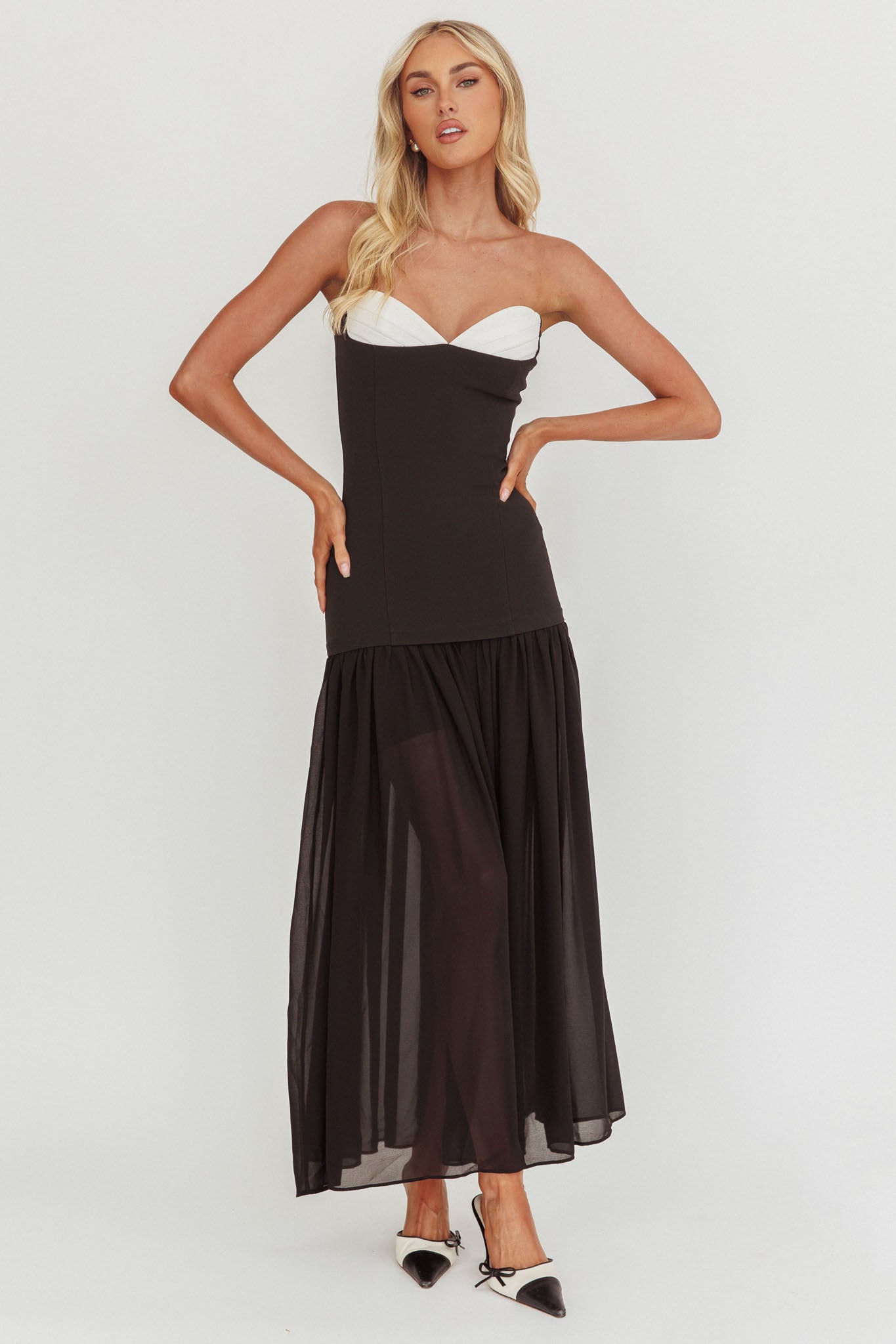 Unspoken Sweetheart Neckline Sheer Hem Maxi Dress Black by Selfie Leslie Australia