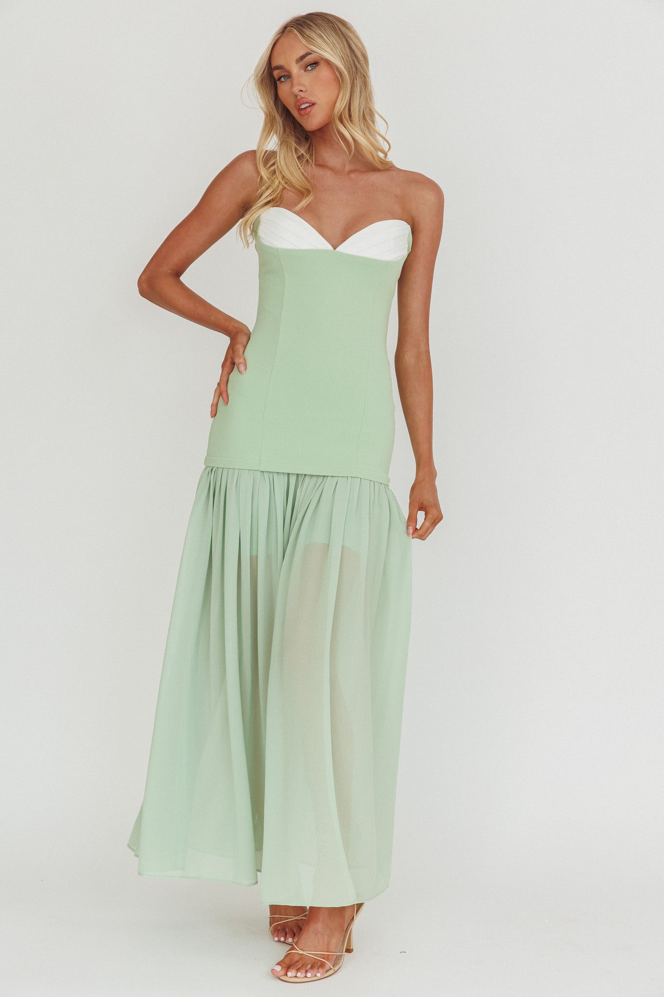Unspoken Sweetheart Neckline Sheer Hem Maxi Dress Sage by Selfie Leslie Australia